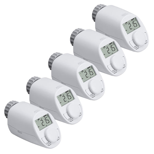 eqiva Heizkörperthermostat Model N Elektronisch – 5er Set Boost. Fünf weiße, zylindrische Thermostate zur automatischen Temperaturregelung an Heizkörpern. Steuert Heizventile.