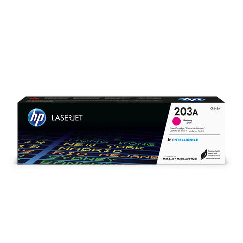 HP 203A (CF543A) M254 Original Tonerkassette - Magenta, längliche Form, enthält Toner für Laserdruck.