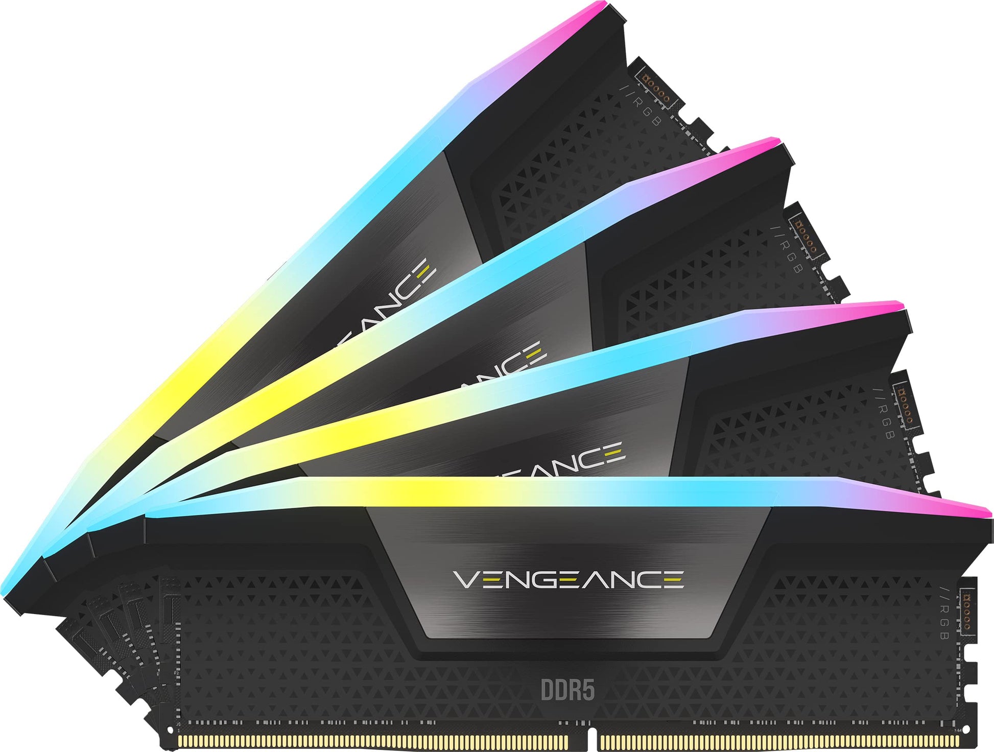 Corsair VENGEANCE RGB DDR5 RAM 64GB 6200MHz CL32 - Schwarz. Schwarzer, rechteckiger Speicherriegel mit RGB-Beleuchtung. Stellt schnellen Arbeitsspeicher für PCs bereit.