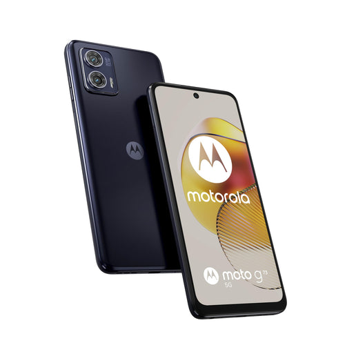 Motorola Moto G73 5G Smartphone - Mitternachtsblau. Blaues, rechteckiges Smartphone. Ermöglicht mobile Kommunikation und Datennutzung im 5G-Netz.