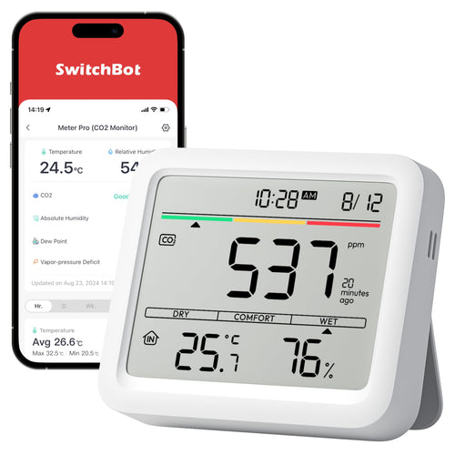 SwitchBot CO2 Messgerät – Luftqualität, Thermo-Hygrometer; weiß, rechteckig. Überwacht das Raumklima und die Luftqualität.