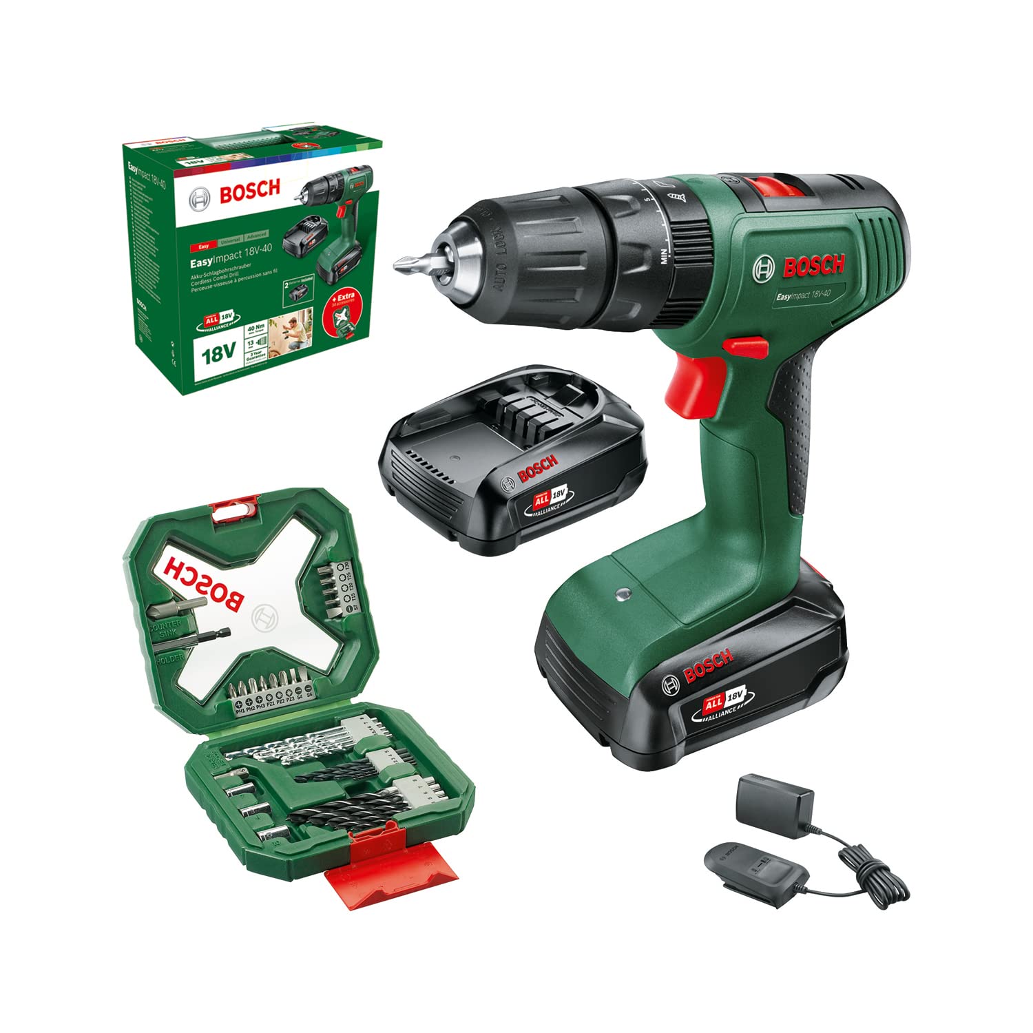 Bosch EasyImpact 18V-40 Akkuschlagbohrschrauber – 2x 2.0Ah Akku Set, blau-schwarzer Schlagbohrschrauber zum Bohren und Schrauben.