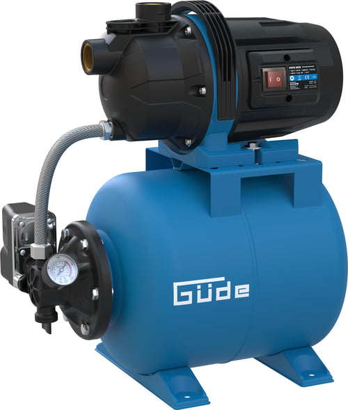 Güde HWW 6035 Hauswasserwerk – 19 Liter Kessel, 600 Watt. Rotes Druckgefäß mit blau-schwarzer Pumpe zur Hauswasserversorgung & Gartenbewässerung.