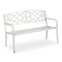 Relaxdays Fleur de Lis Gartenbank - 2-Sitzer weiss-Bronze: Weiss-bronze 2-Sitzer Gartenbank mit Lilien-Motiven zum Sitzen im Garten.
