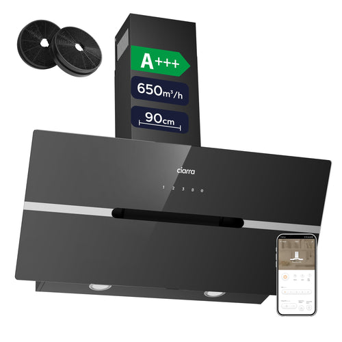 CIARRA CBCB9736F Kopffreie Dunstabzugshaube 90cm Schwarz Wi-Fi. Beseitigt Kochdünste und Gerüche, bietet optimale Kopffreiheit.