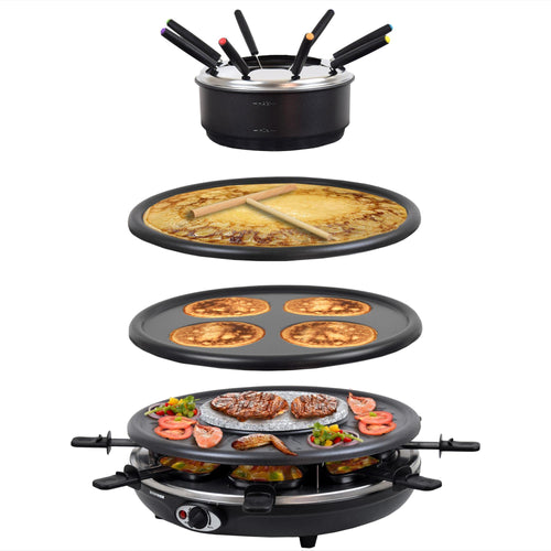 Syntrox Germany RAC-1350W-Waadt Raclette-Fondue-Heissstein für 8 P. Kompaktes Tischgerät mit Grillfläche, Fonduetopf und Raclette-Pfännchen. Ermöglicht Grillen und Schmelzen.
