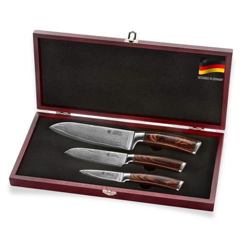 Wakoli EDIB 3er Damastmesser Set, drei Damaststahl-Küchenmesser mit typischer Klingenmaserung. Zum Schneiden von Lebensmitteln.
