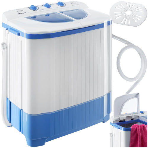 tectake Mini Reise Waschmaschine & Schleuder Kombi - 4.5kg/3.5kg. Kompaktes, weißes Gerät wäscht und schleudert kleine Wäschemengen mobil.