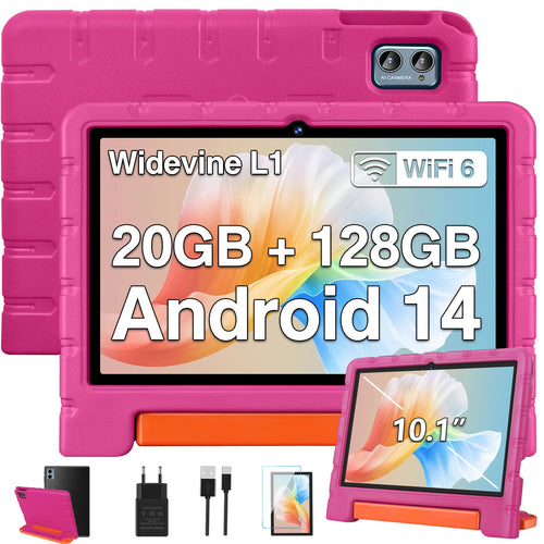 ZIOVO Kinder Tablet 10 Zoll Android 14 mit EVA Hülle - Rosa. Tablet in rosa EVA-Hülle zum kindgerechten Spielen und Lernen.