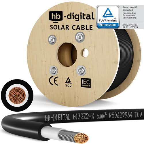 HB-DIGITAL Solarkabel H1Z2Z2-K - 300m 6mm² Schwarz, ein schwarzes Kabel. Es leitet Strom in Photovoltaikanlagen.