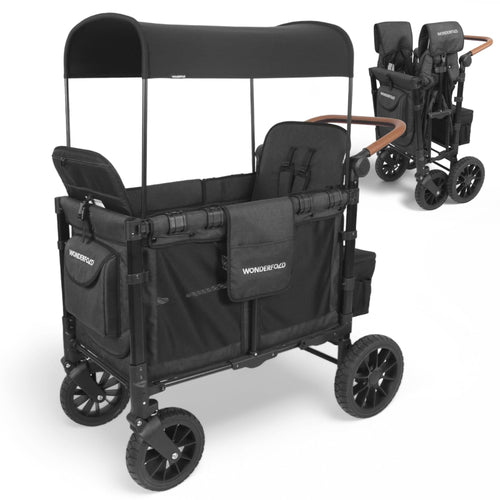 WonderFold W2 Luxe KinderVan Bollerwagen – Volcano Black. Schwarzer, faltbarer Bollerwagen für den sicheren Transport von Kindern.