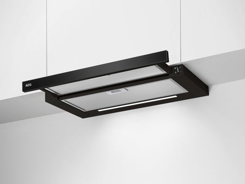 AEG DPE5660B Flachschirm-Dunstabzugshaube – Schwarz. Schwarze Dunstabzugshaube zur Absaugung von Kochdünsten am Kochfeld.