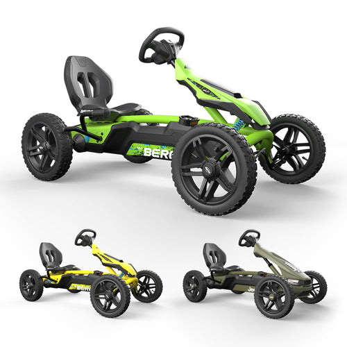 **BERG Rally DRT Green Offroad-Gokart für Kinder:** Grünes, robustes Pedal-Gokart für Kinder, konzipiert für Fahrten auf unebenem Terrain.