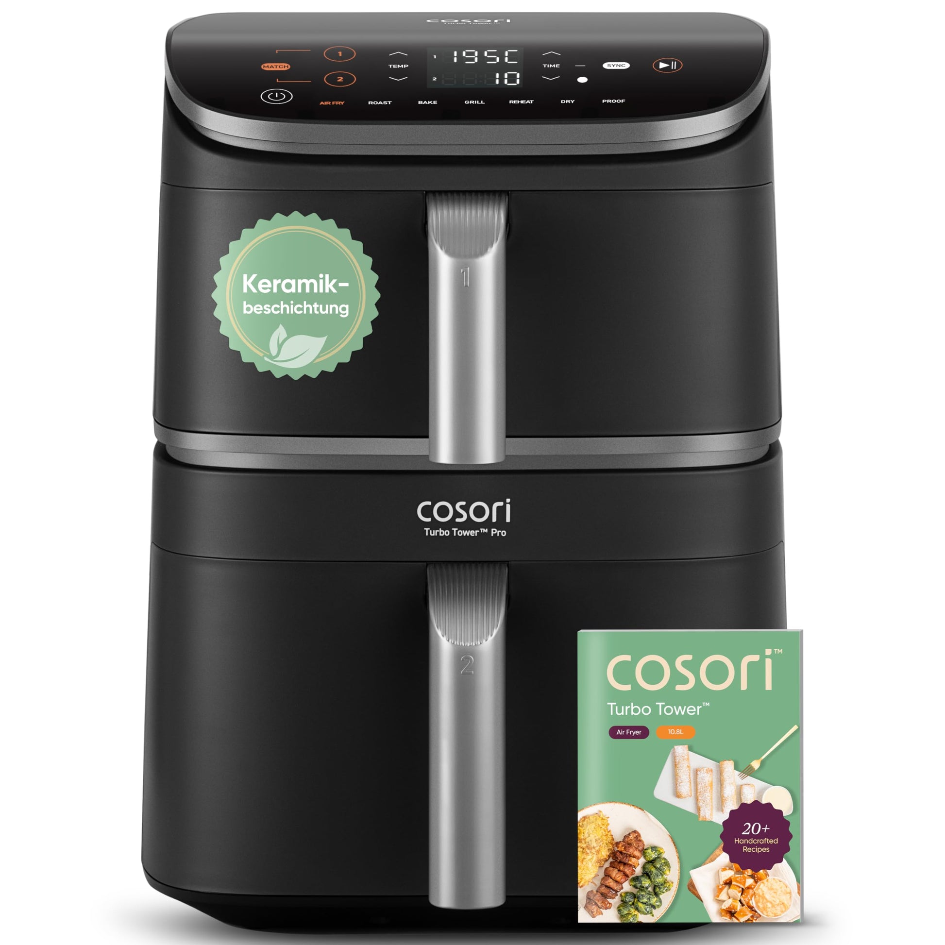 COSORI Turbo Tower Pro Heissluftfritteuse 2-Kammer 10.8L – Silber-Schwarz. Silber-schwarzes Gerät mit zwei Kammern zum Frittieren von Speisen.