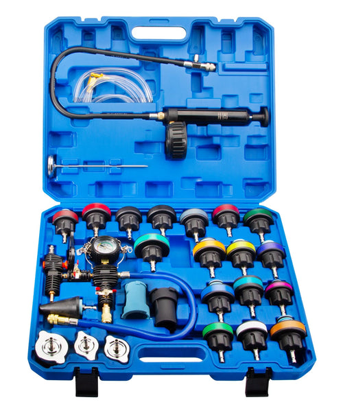 ProfiLine Kühlsystemtester Abdrückgerät Set - 28-teilig. Set mit Manometer, Handpumpe und Adaptern im robusten Koffer zur Lecksuche am Kfz-Kühlsystem.
