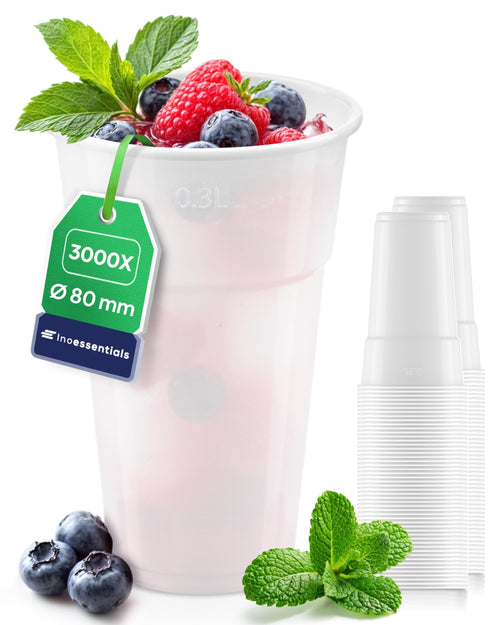 Inoverse 0.3L Plastikbecher Partybecher - 3000 Stück Weiss: Weiße, zylindrische Becher zum Servieren von Getränken auf Partys.