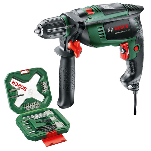 Bosch UniversalImpact 800 Schlagbohrmaschine Set Koffer 34tlg. Grüne Bohrmaschine bohrt in Mauerwerk, Holz, Metall.