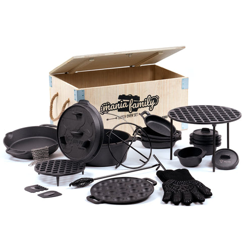 BBQ-Toro Gusseisen Feuertopf Set Mania Family 19-teilig Holzkiste: Gusseisen-Kochgeschirr in Holzbox zum Schmoren & Backen über offenem Feuer.
