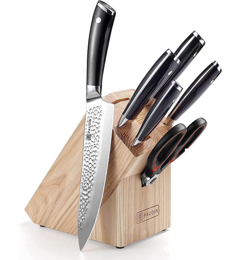 PAUDIN Messerblock-Set Küchenmesser 7-tlg. mit Holzblock: 7 Edelstahlmesser (schwarz) im Block zur Lebensmittelzubereitung.