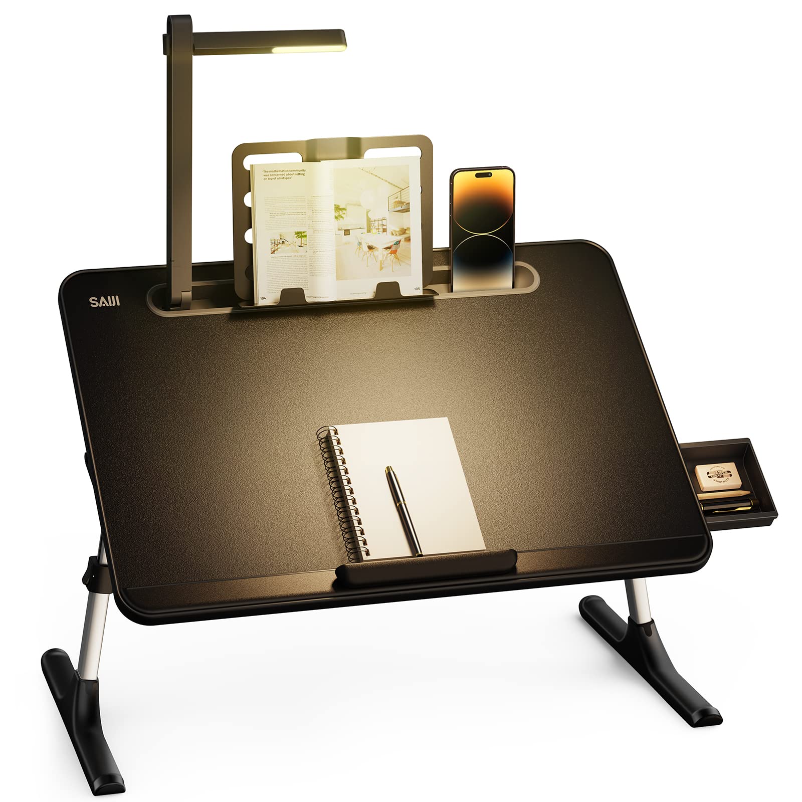 SAIJI Bett Laptoptisch – Höhen-/Winkelverstellbar, LED Lampe. Rechteckige Platte mit klappbaren Beinen für ergonomisches Arbeiten im Bett.