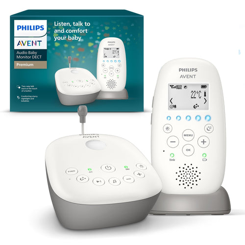 Philips Avent Audio Babyphone SCD733/26 DECT - weiss. Kompaktes, weißes Gerät zur akustischen Überwachung von Babys mittels DECT-Technologie.