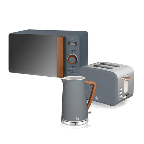 Swan Nordic Wasserkocher Toaster Mikrowelle Set – Grau Holzoptik: Zum Wasser kochen, Brot toasten & Speisen erwärmen.