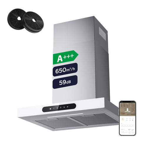 Ciarra Dynamic CBCW6102 Wandhaube 60cm Umluft/Abluft Weiss. Weiße Wandhaube zur Absaugung von Kochdunst über Kochfeldern.