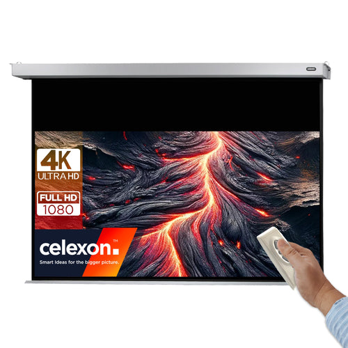 celexon Professional Plus Motor-Leinwand 130" 16:10: Weiße, motorisierte Projektionsfläche zur Wiedergabe von 16:10-Inhalten.