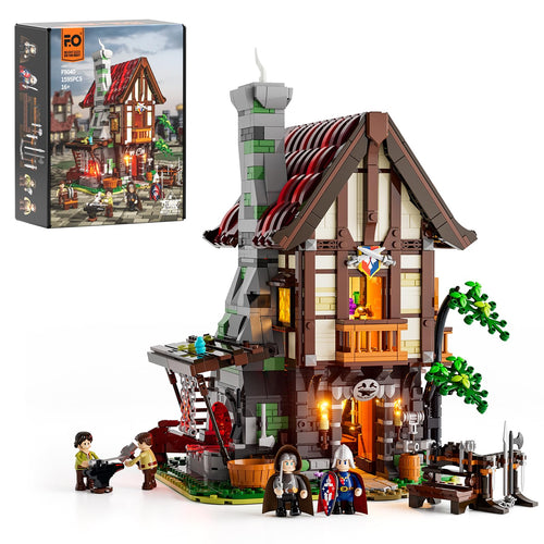 FUNWHOLE Medieval Forge Bausteine Set – 1595 Teile, mit LED Licht