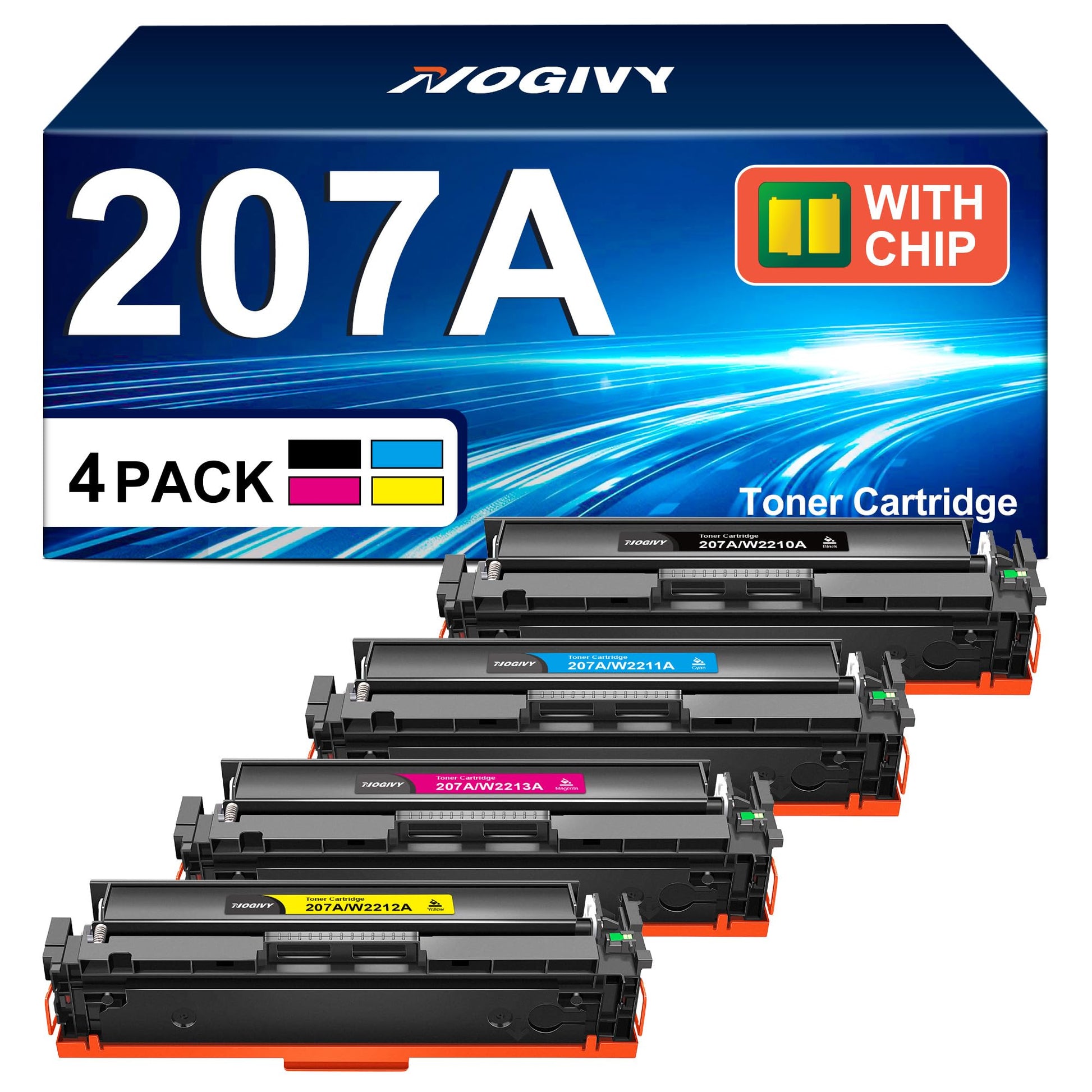 NOGIVY 207A 207X Toner mit Chip kompatibel für HP – 4er-Pack: Vier viereckige, farbige Tonerkartuschen zum Drucken in HP Laserdruckern.