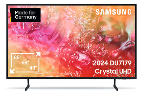 Samsung Crystal UHD 4K DU7179 Smart TV - 65 Zoll. Schwarzer TV mit dünnem Rahmen, der UHD-Inhalte für Heimkino zeigt.