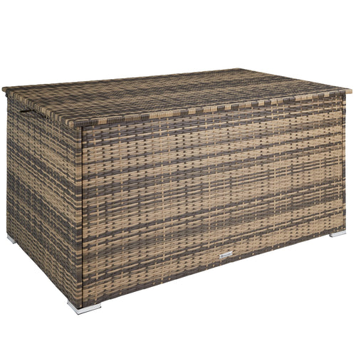 tectake® Aluminium Polyrattan Gartenbox 750L - Natur. Naturfarben geflochtene Box zur wetterfesten Aufbewahrung von Auflagen und Zubehör.