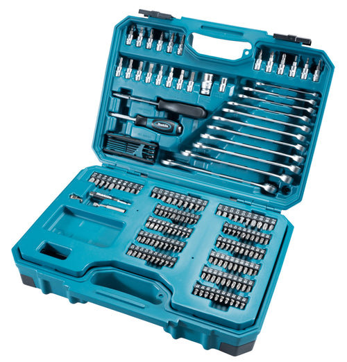 Makita E-10883 Umfangreiches Werkzeug-Set - 221 Teile: Schwarzer Koffer mit vielfältigen Werkzeugen für Montage und Reparatur.