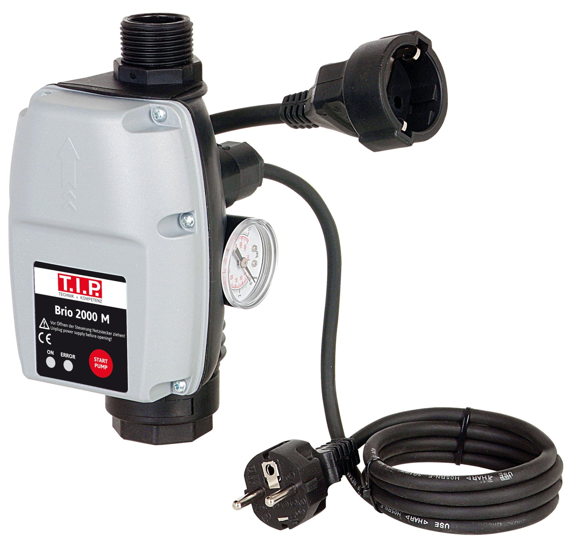 T.I.P. BRIO 2000 M Elektronische Pumpensteuerung Druckschalter 1.5 Bar. Schwarz, rechteckig. Steuert Pumpen autom. bei 1.5 Bar.