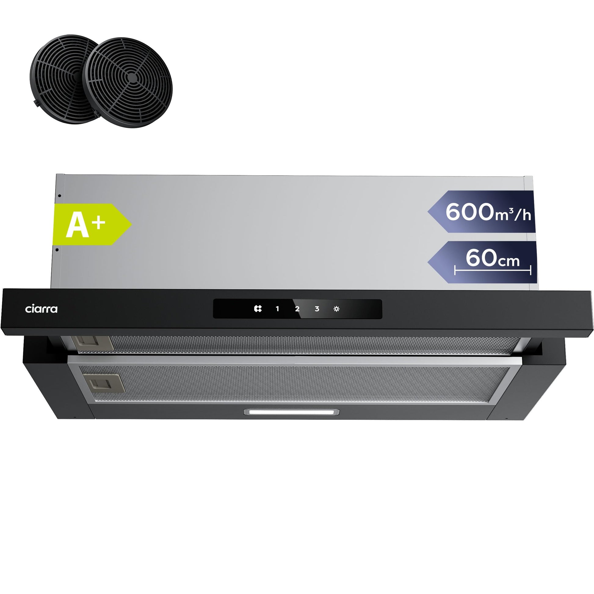 CIARRA CBCB6909A A+ Flachschirmhaube Abluft/Umluft 60 cm – Schwarz. Schwarze 60 cm Flachschirmhaube zur Abluft- und Umluftfiltration von Kochdünsten.