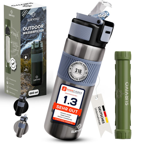 SURVIVO® Outdoor Wasserfilter Trinkflasche - Edelstahl 660ml
