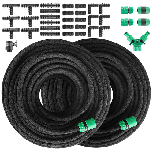 Perlschlauch Tropfschlauch Set für Gartenbewässerung - 100m. Dunkelgrüner, poröser Schlauch, bewässert Gartenpflanzen effizient.