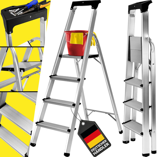CRAFTFULL CF-133B Alu Klappleiter mit Ablage – 4 Stufen Haushaltsleiter