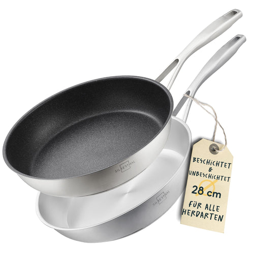 SILBERTHAL Edelstahlpfannen Set - 28cm, 2-teilig, beschichtet/unbeschichtet. Runde, silberne Pfannen zum Braten & Anbraten.