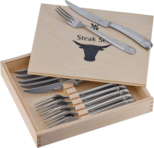 WMF Steakbesteck Set 12-teilig Cromargan – In Holzkiste: Zwölf Messer & Gabeln aus Cromargan in Holzkiste. Für präzises Steak-Schneiden.