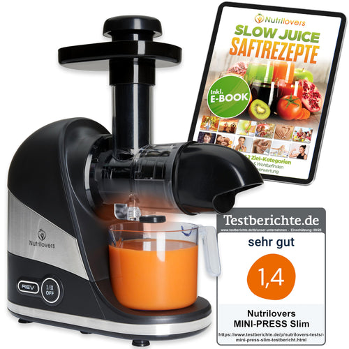 Nutrilovers Slow Juicer Obst-Gemüse-Entsafter – Edelstahl. Vertikaler Entsafter aus Edelstahl. Presst Saft per Kaltpressung aus Obst und Gemüse.