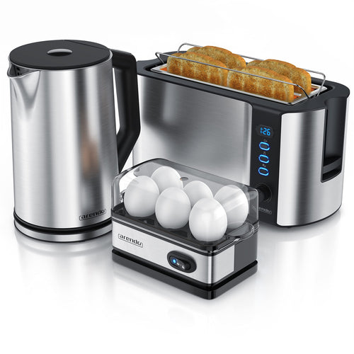 Arendo Wasserkocher Toaster Eierkocher Set aus Edelstahl. Bereitet Wasser, Toast und Eier für ein komplettes Frühstück zu.