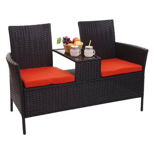 Mendler HWC-E24 Poly-Rattan Gartenbank mit Tisch – Schwarz. Polyrattan-Gartenbank mit Tisch für Sitzplätze und Ablage im Garten.