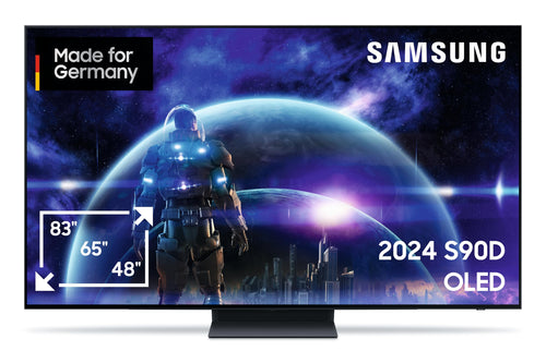 Samsung OLED TV 4K S90D Smart KI Fernseher - 48 Zoll. Schwarzer 48-Zoll-OLED-Bildschirm zur 4K-Wiedergabe mit Smart-KI.