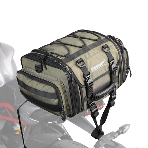 Rhinowalk Motorrad Sitztasche 19-26L Wasserdicht & Erweiterbar, schwarze, längliche Tasche für Gepäcktransport.