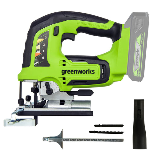 Greenworks GD24JS Akku-Stichsäge 24V ohne Akku & Lader. Grüne Stichsäge, schneidet Holz, Metall, Kunststoff präzise.