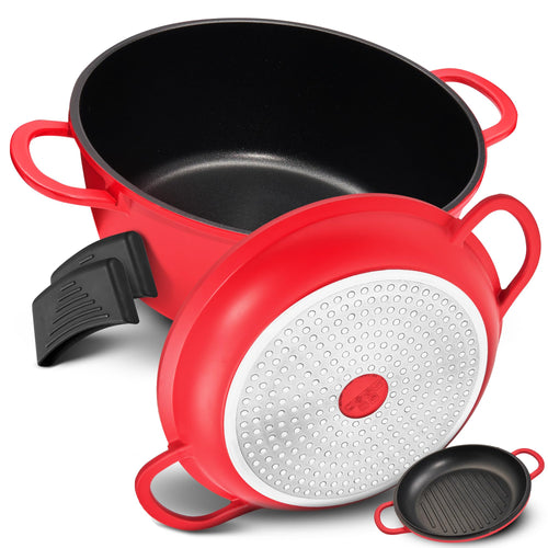 TLESS® 2in1 Aluguss Bräter mit Deckel – Ø 28 cm, 6L, Rot