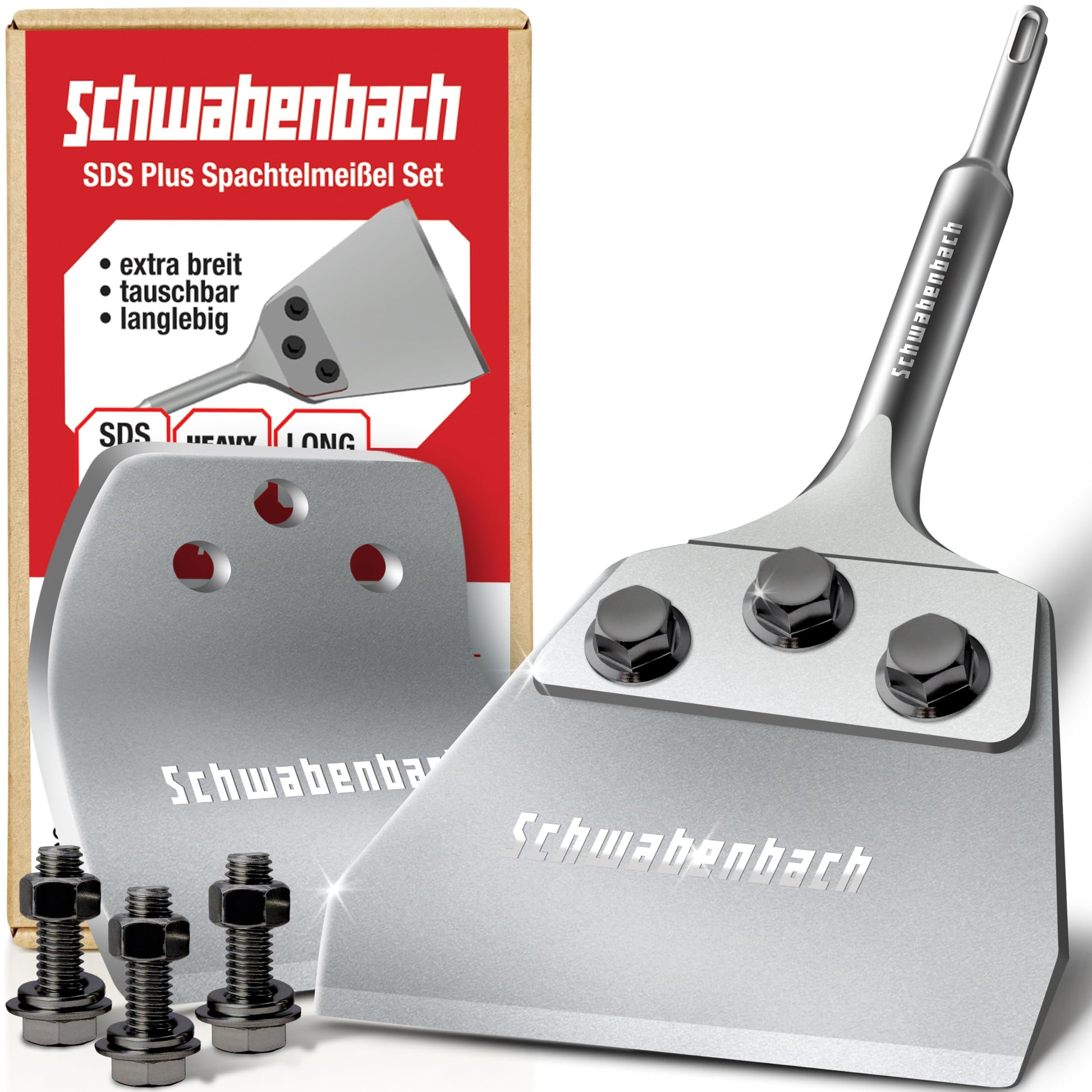 SCHWABENBACH Verbesserter Spachtelmeissel Bodenschaber - SDS-Plus 125x250mm. Metallischer Meißel zum Entfernen von Fliesen, Mörtel, Putz.