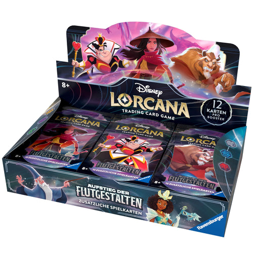 Ravensburger Lorcana: Aufstieg der Flutgestalten 24 Booster Display DE, ein farbiges Kartondisplay, enthält 24 Boosterpacks für Lorcana.