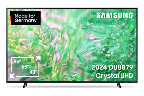 Samsung Crystal UHD 4K DU8079 Fernseher 75 Zoll Smart TV. Großer, flacher, schwarzer 4K-Bildschirm zum Anzeigen von UHD-Videoinhalten und Smart TV-Anwendungen.